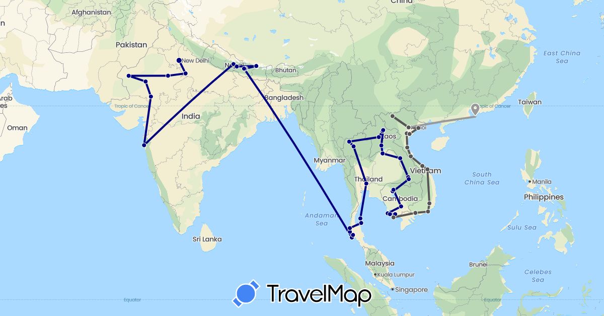 TravelMap itinerary: driving, plane, motorbike in China, India, Cambodia, Laos, Nepal, Thailand, Vietnam (Asia)